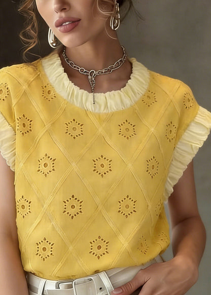 Cute Yellow Patchwork Hollow Out T Shirt Summer