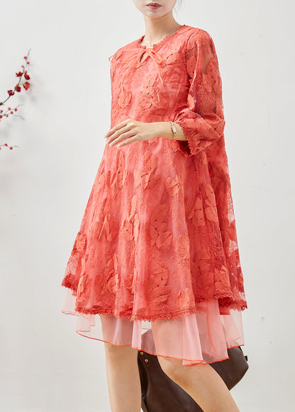 Bohemian Orange Embroidered Tulle Vacation Dress Bracelet Sleeve