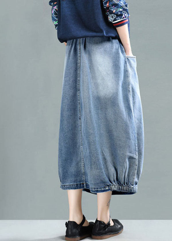 Fashion Light Blue Elastic Waist Pockets Cotton Denim Skirt Cozy