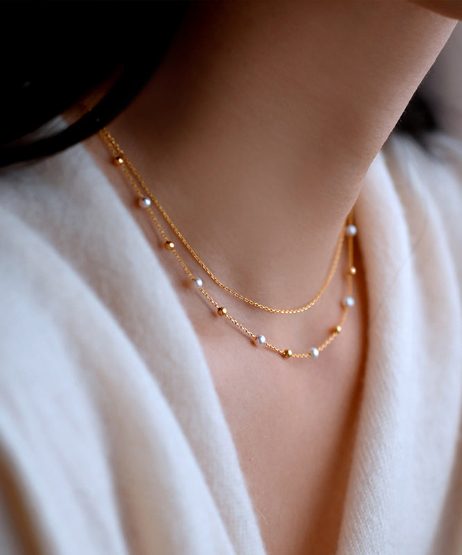 Stylish Pearl Double Layered Adjustable 14K Gold Necklace