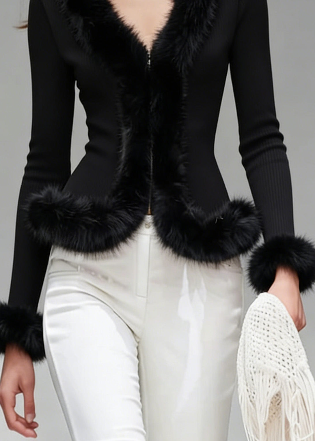 French Black V Neck Fur Patchwork Knit Blouses Spring