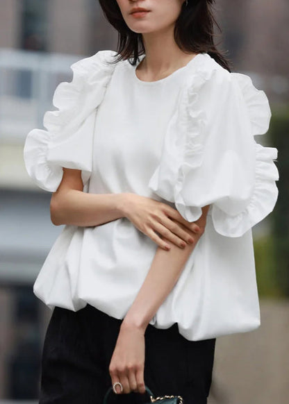 Elegant White Puff Sleeve Ruffled Cotton Tank Summer