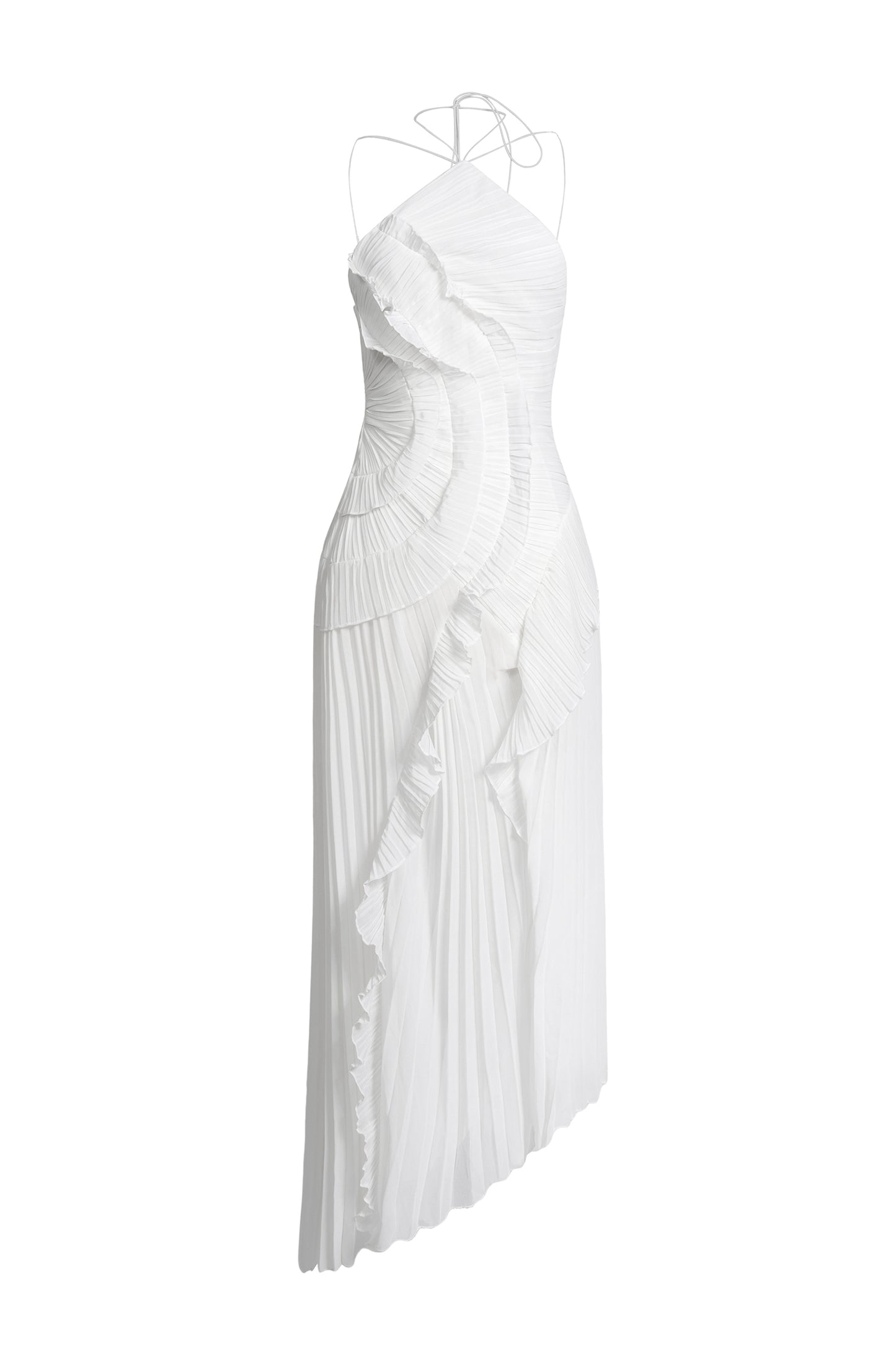 Pleated Frill Halter Neck Midi Dress
