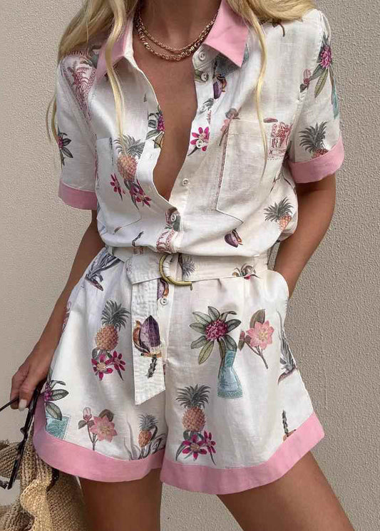 Cute Pink Peter Pan Collar Button Shirts And Shorts Two Pieces Set Summer