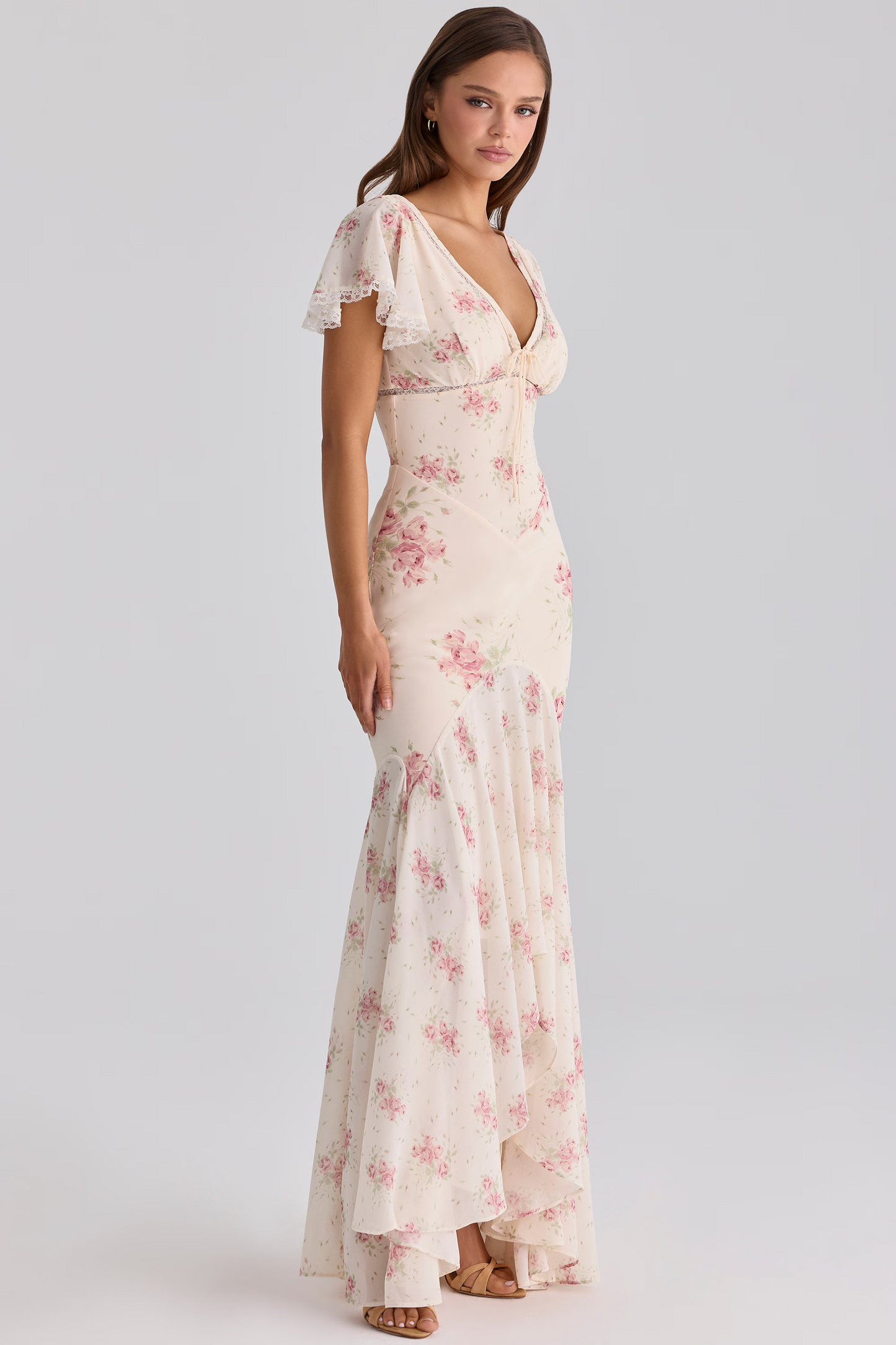 Cream Rose Print V-Neck Tie Front Lace Trim Mermaid Maxi Dress