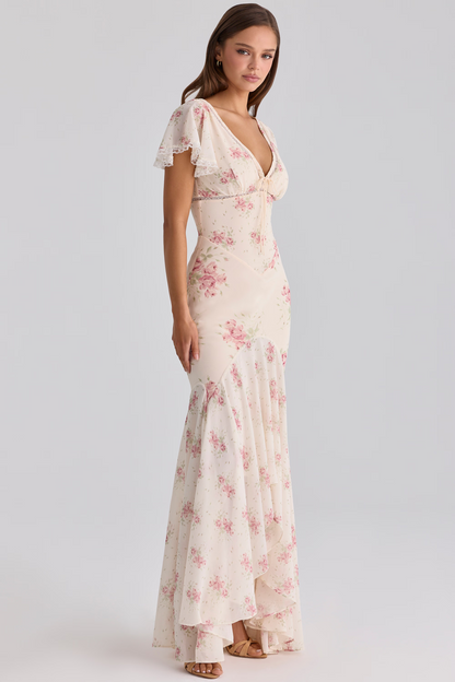 Cream Rose Print V-Neck Tie Front Lace Trim Mermaid Maxi Dress