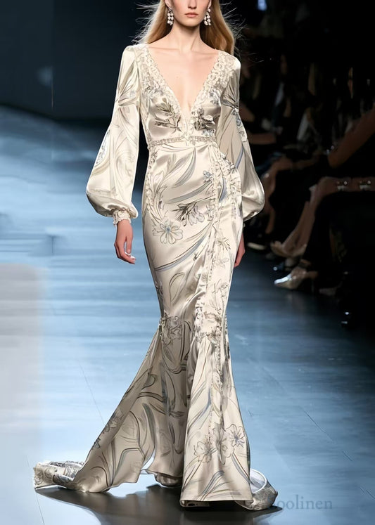 Silm Fit Beige Wraped Print Silk  Fishtail Dress Lantern Sleeve