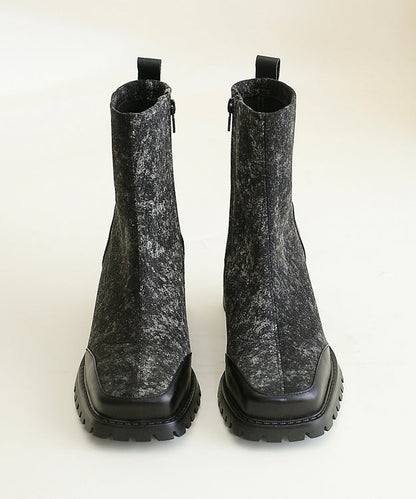 Beautiful Blue Cowhide Leather Splicing Chunky Boots