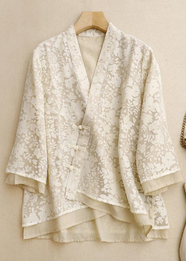 Vintage Beige Jacquard Lace Oriental Top Spring