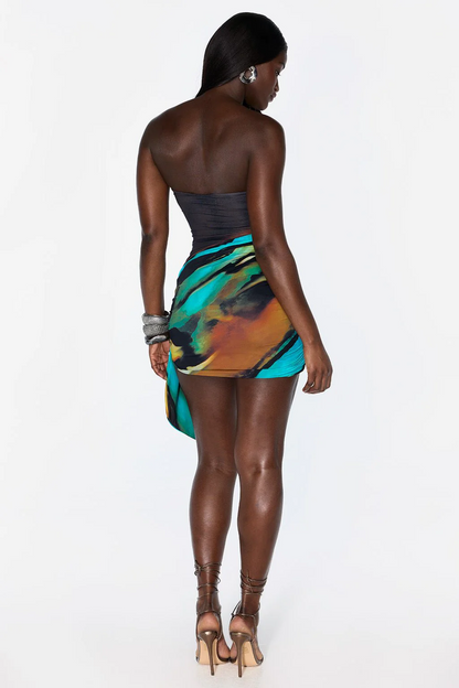 Art Print Strapless Side Draped Bodycon Mini Skirt