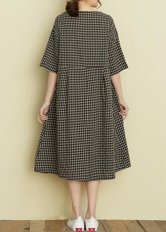 Classy v neck patchwork linen summer clothes For Women Tutorials black plaid Dress
