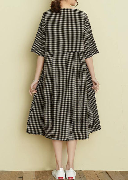 Classy v neck patchwork linen summer clothes For Women Tutorials black plaid Dress