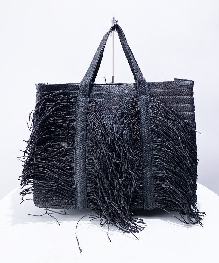 Elegant Black Tasseled Weave Faux Leather Shoulder Bags