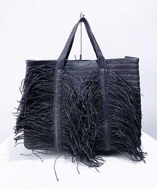 Elegant Black Tasseled Weave Faux Leather Shoulder Bags