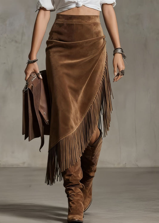 Boho Chocolate Asymmetrical Tasseled High Waist Faux Suede Skirt Spring