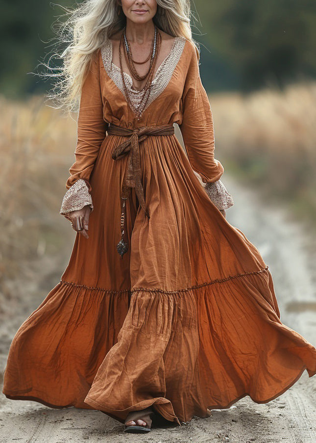 Vintage Pastoral Style V-neck Lace Patchwork Long Dress Spring