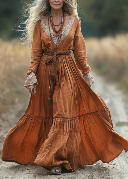 Vintage Pastoral Style V-neck Lace Patchwork Long Dress Spring