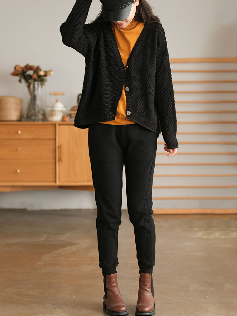 Women Winter Artsy Knitted Button Hemming Solid Sweater