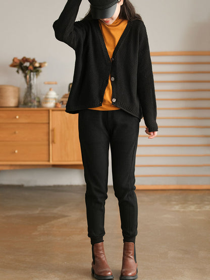 Women Winter Artsy Knitted Button Hemming Solid Sweater