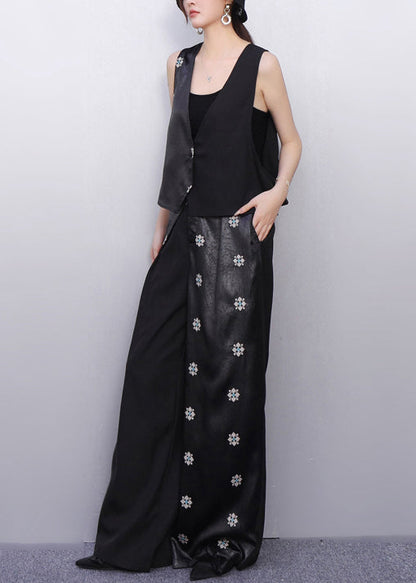 Minimalist Noir Asymmetry Vest And Wide-Leg Pants Floral Bloom