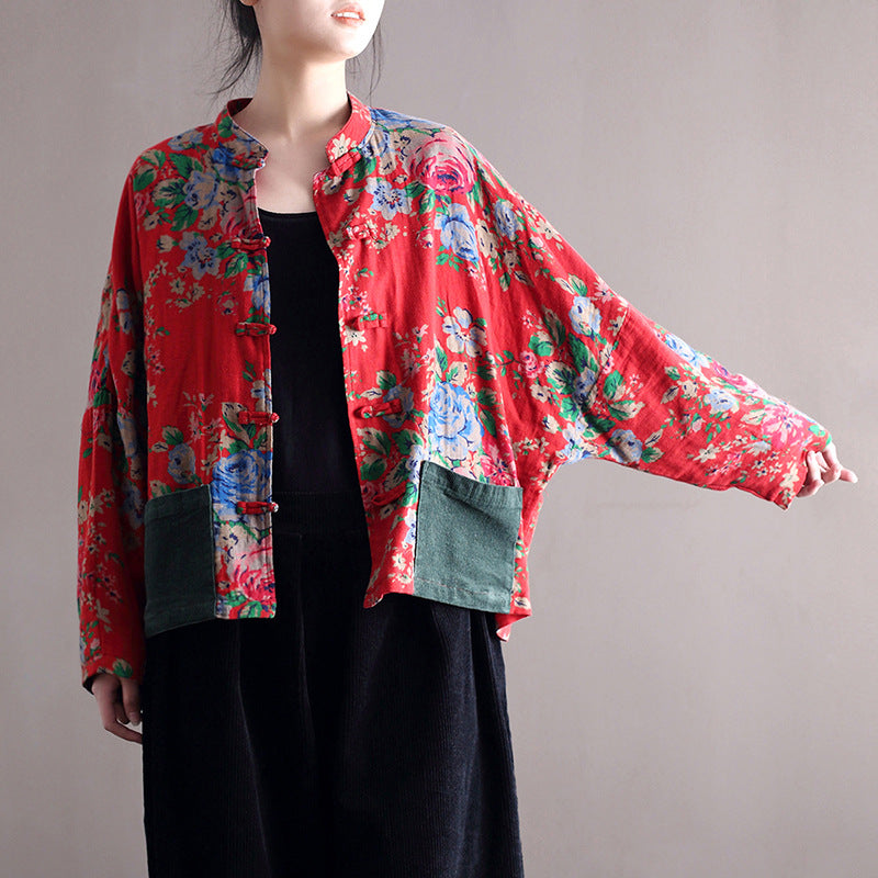 Vintage Blouse Stand Collar Large Flower Long-Sleeved Jacket