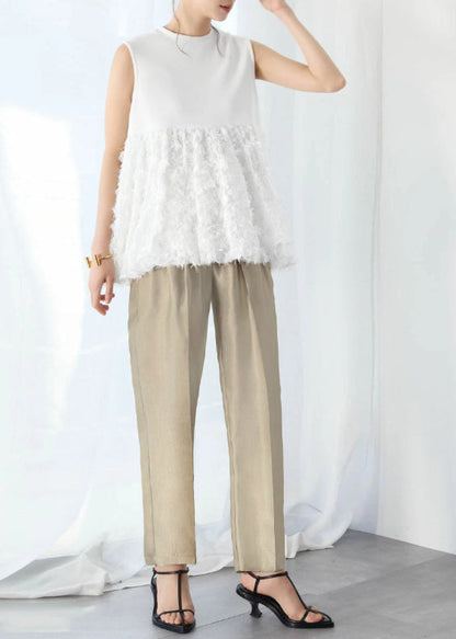 Fashion White Tasseled Patchwork Cotton Tops Sleeveless