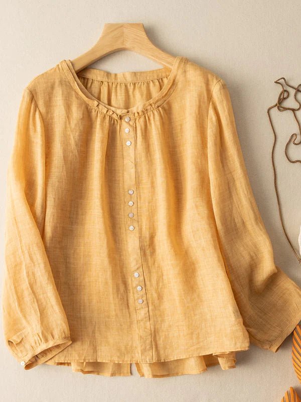 Pure Color Crew Neck Long Sleeve Casual Linen Top