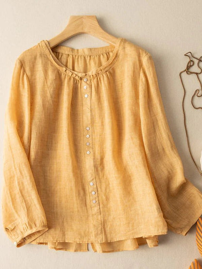 Pure Color Crew Neck Long Sleeve Casual Linen Top