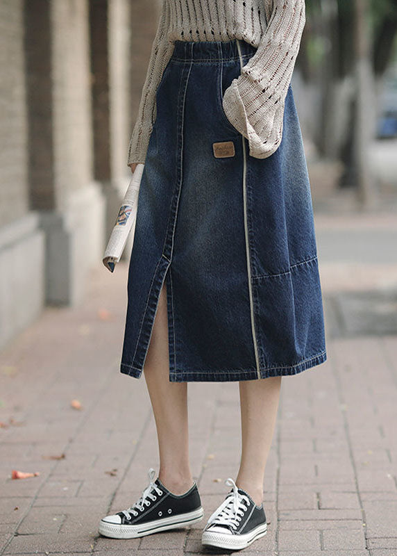 Fashion Denim Blue High Waist Pockets Patchwork Side Open Cotton Skirts Cozy
