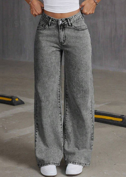 Vintage Grey Embroidered Pockets Denim Pants Summer