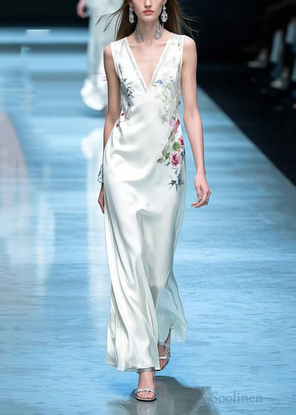 Women White V Neck Floral Silk Straight Dress Sleeveless