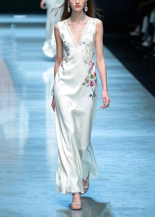 Women White V Neck Floral Silk Straight Dress Sleeveless
