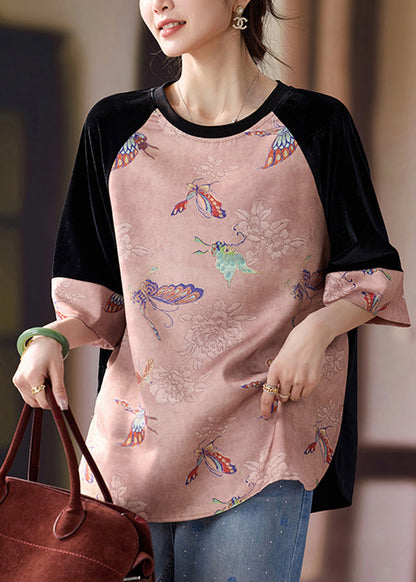 Vintage Pink Patchwork Cotton Oriental Tanks Butterfly Print Half Sleeve