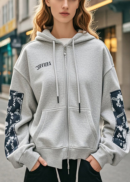 Boutique Grey Hooded Print Cotton Jackets Fall