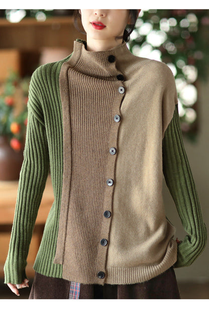 Color-Block Long-Sleeved Knitted Elastic Slim Sweater