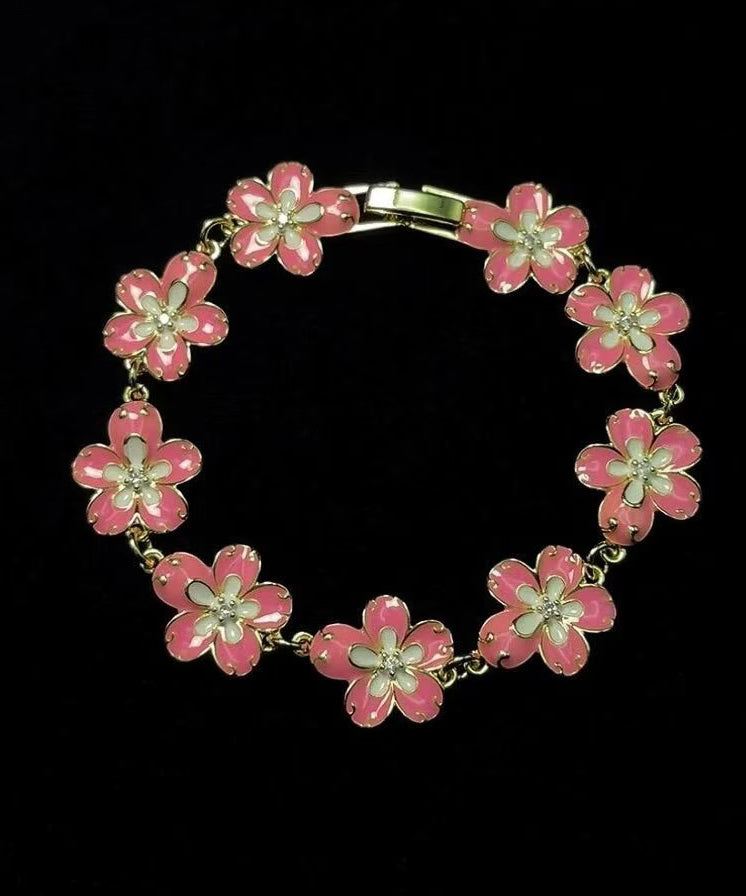 Stylish Pink Floral Gold Plated Chain Bracelet