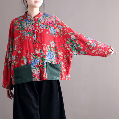 Vintage Blouse Stand Collar Large Flower Long-Sleeved Jacket