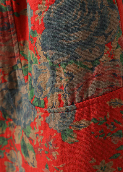 Vintage Red Oversized Print Fine Cotton Filled Pants Winter