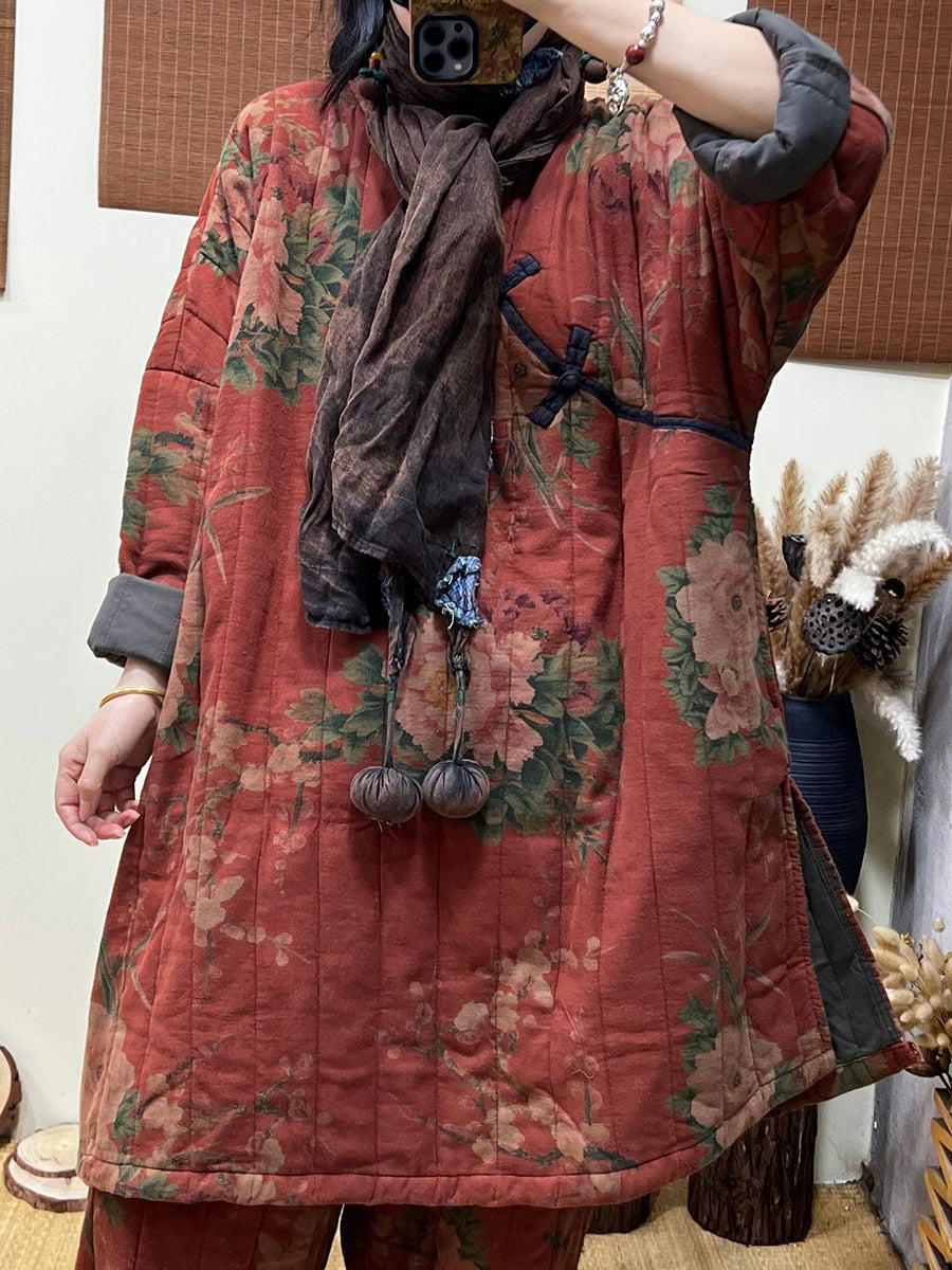 Women Winter Frog Floral Loose Padded Jacket