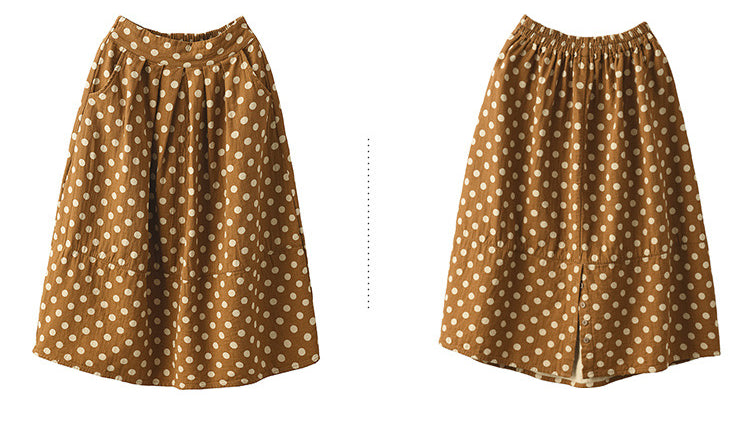 Vintage Printed Cotton And Linen Slim Elastic Waist A-Line Skirt