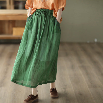 Cozy Vintage Floral Embroidery Thin Linen Skirt