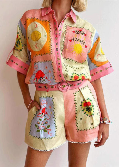 Loose Colorblock Print Blouses And Shorts Linen Two Pieces Set Summer