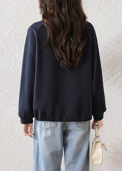 Simple Navy Button Solid Cotton Sweatshirts Fall