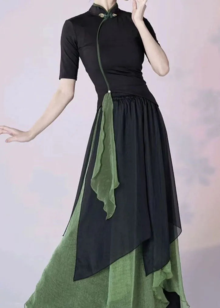 Chinese Style Green Tops And Skirts Silk Two-Piece Set Summer
