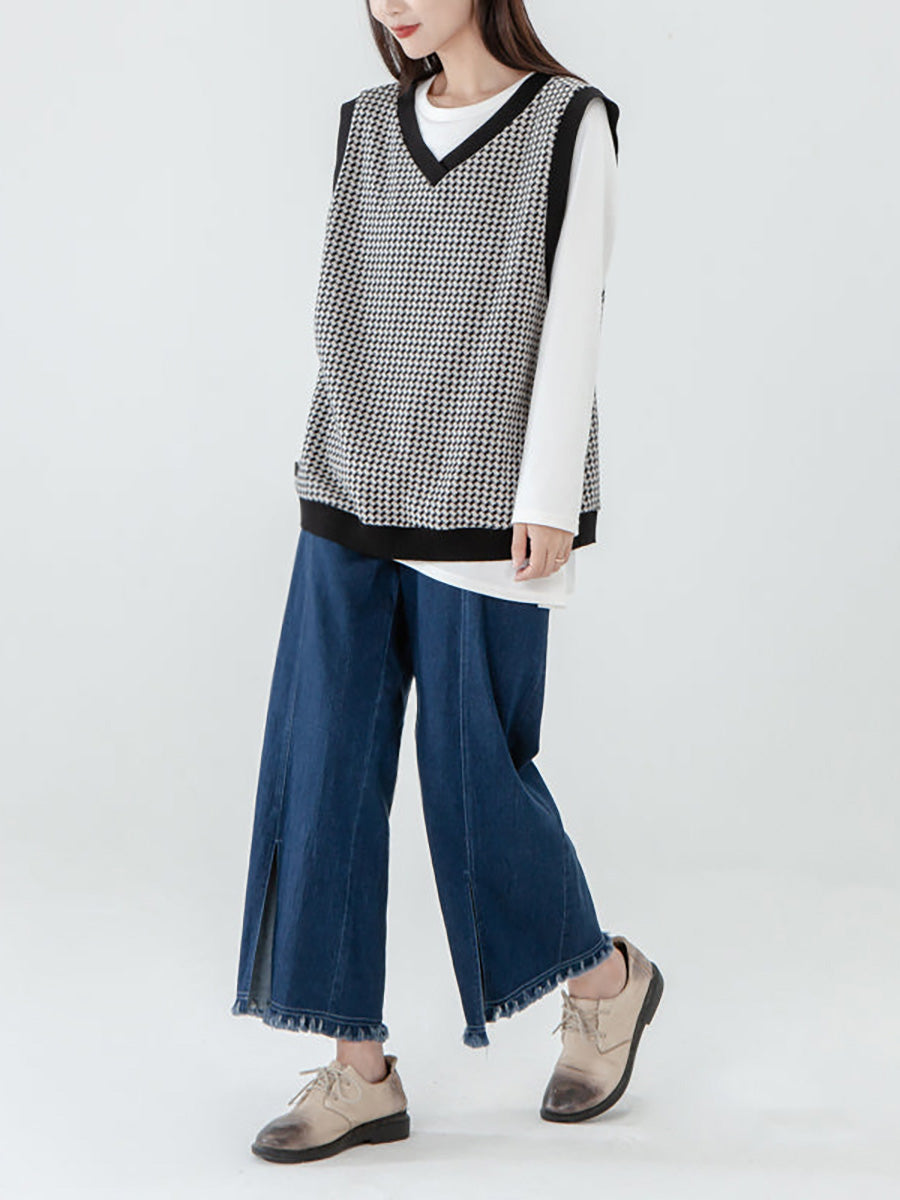 Plus Size - Women Plaid Knitted Vest Pullover Sweater