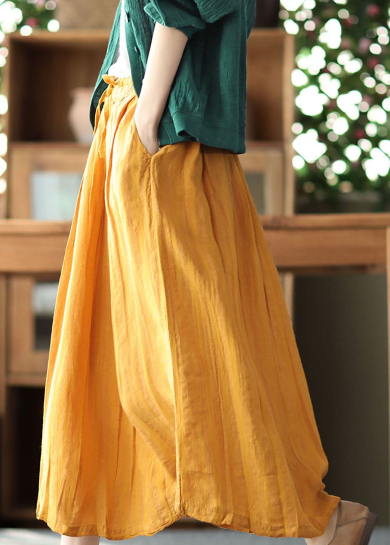 Bohemian Yellow Elastic Waist Wrinkled Linen Skirt Summer
