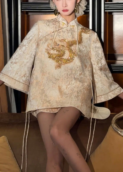 Handmade Chinese Button Embroidered Two Pieces Set Coat And Shorts Flare Sleeve