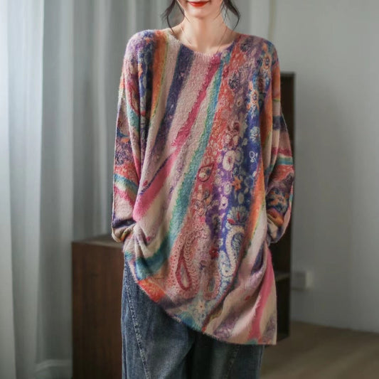 Retro Literary Casual Print Mid-Length Irregular Knitted Sweater