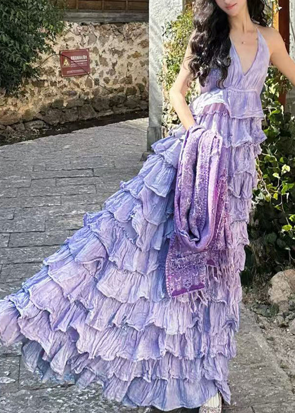 Sexy Purple V Neck Backless Cotton Maxi Dresses Sleeveless