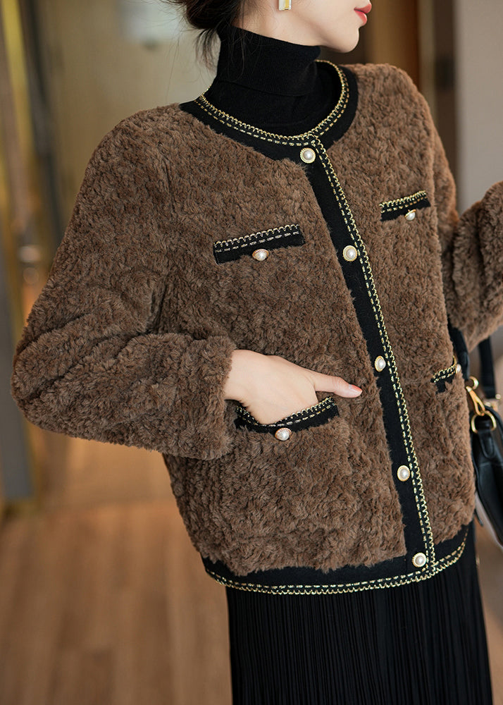 French Coffee O-Neck Patchwork Button Faux Fur Coats Winter